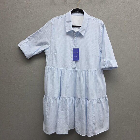 Chouyatou Dresses & Skirts - Chouyatou Shirt Dress Womens XL Blue Striped Button Front Tiered Lined Pockets